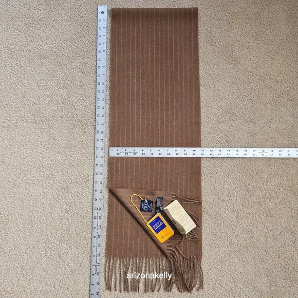 NWT Alfredo Pria Wool Scarf *TINY HOLE* Tan Pinstripe Biella Italy - Picture 6 of 12
